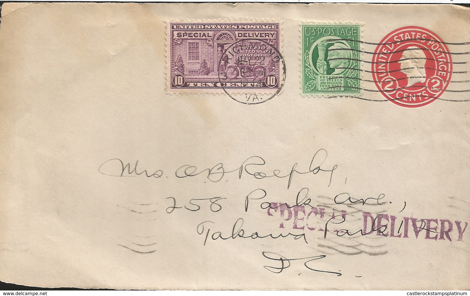 L) 1914 USA, RED, 2CENTS, LIBERTY AND WORDS FEEDOM, GREEN, 1C, SPECIAL DELIVERY, VIOLET, PEOPLE, MOTORCYCLE, 10 CENTS - Lettres & Documents