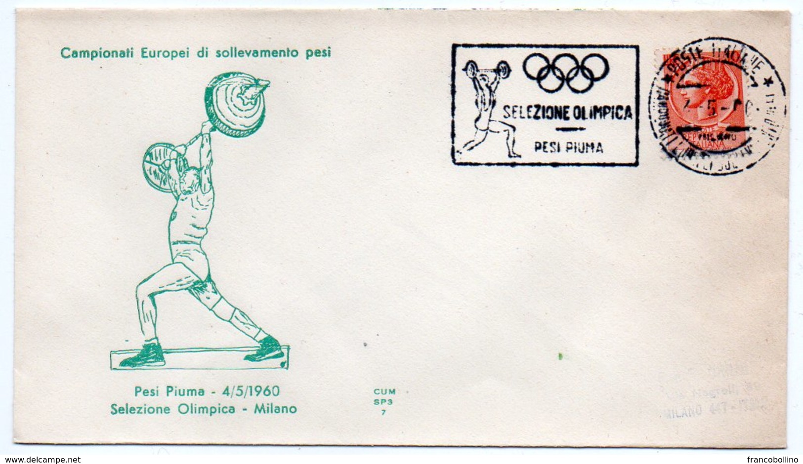 EUROPEAN CHAMPIONSHIP WEIGHTLIFTING/HALTEROPHILIE-SPECIAL CANCEL SELEZIONE OLIMPICA PESI PIUMA - MILANO 4/5/1960 - Pesistica