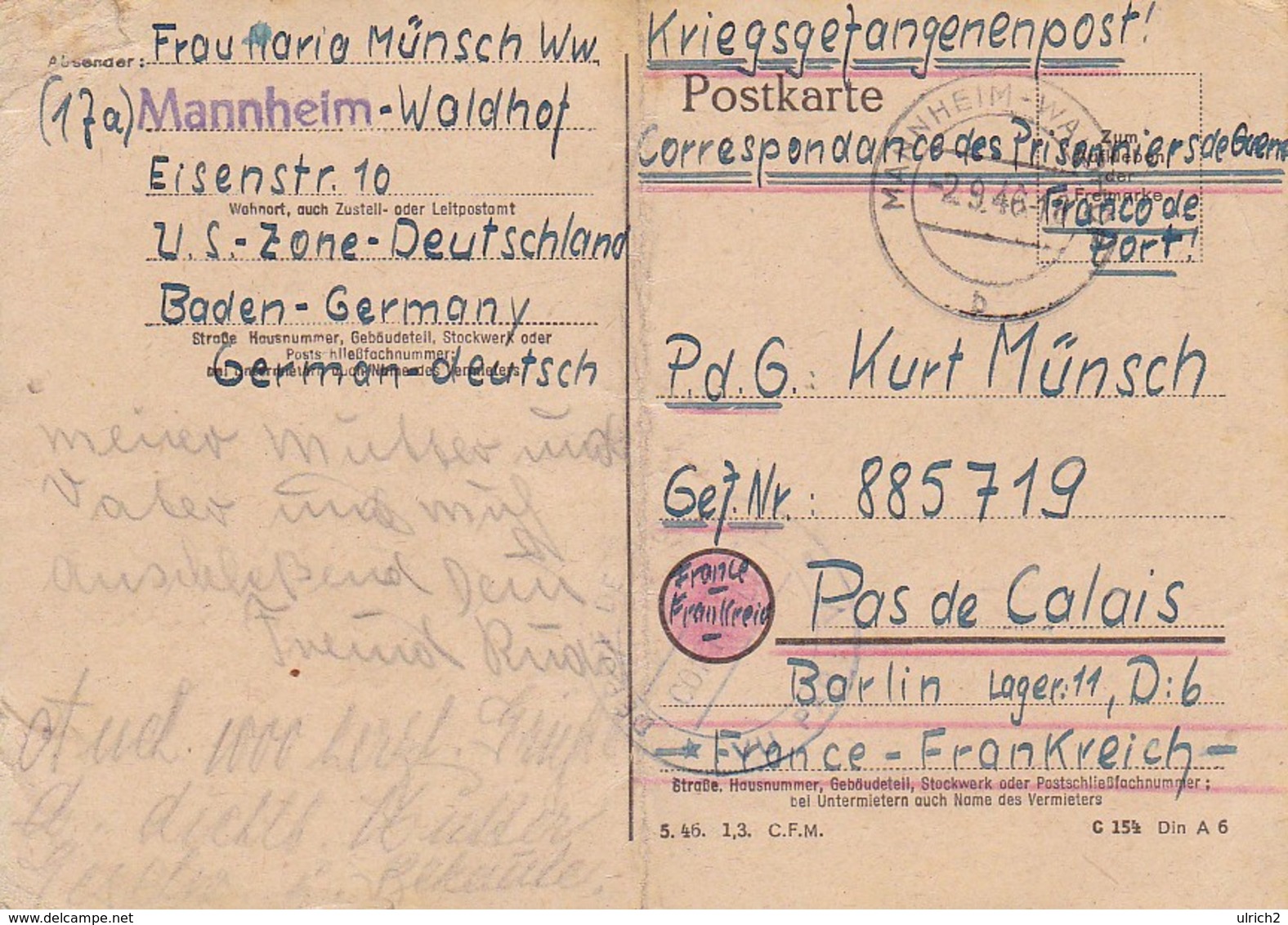 Kriegsgefangenenpost Mannheim Nach Pas De Calais P.G. No. 11 -  1946 (35257) - Autres & Non Classés