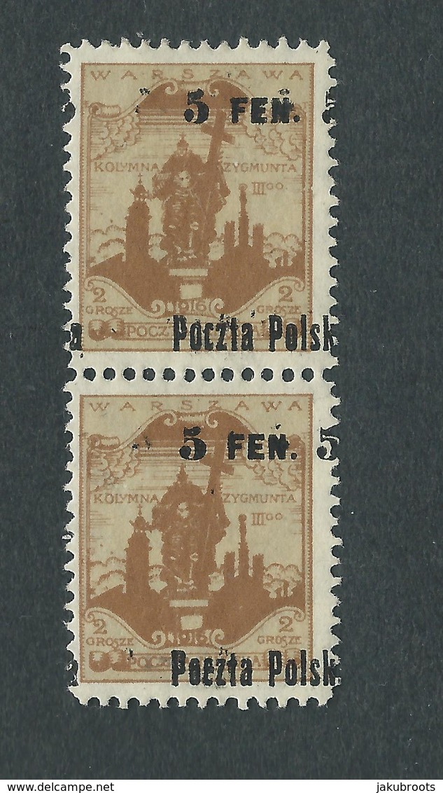 1918. PAIR  OF STAMPS . WARSAW  ISSUE   ERROR Optd .  NEW  VALUES.  POCZTA  POLSKA  5 FEN  2 Gr. - Ongebruikt