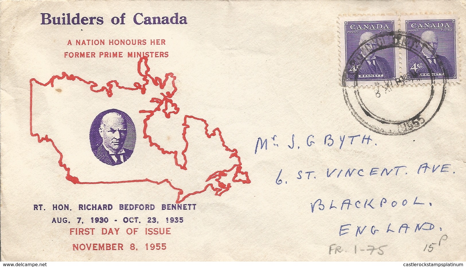 L) 1955 CANADA, BENNETT, 4C, BLUE, MAP,  A NATION HONOURS FORMER PRIME MINISTERS, CIRCULATED COVER FROM CANADA TO ENGLAN - 1952-1960