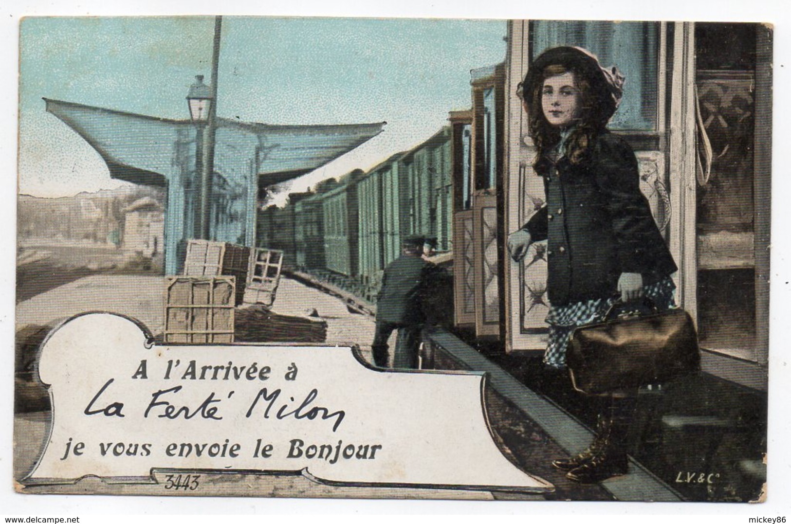 LA FERTE MILON -- 1908--"A L'arrivée à LA FERTE MILON,je Vous Envoie Le Bonjour"(train,gare) Carte Fantaisie éd LC & Cie - Autres & Non Classés