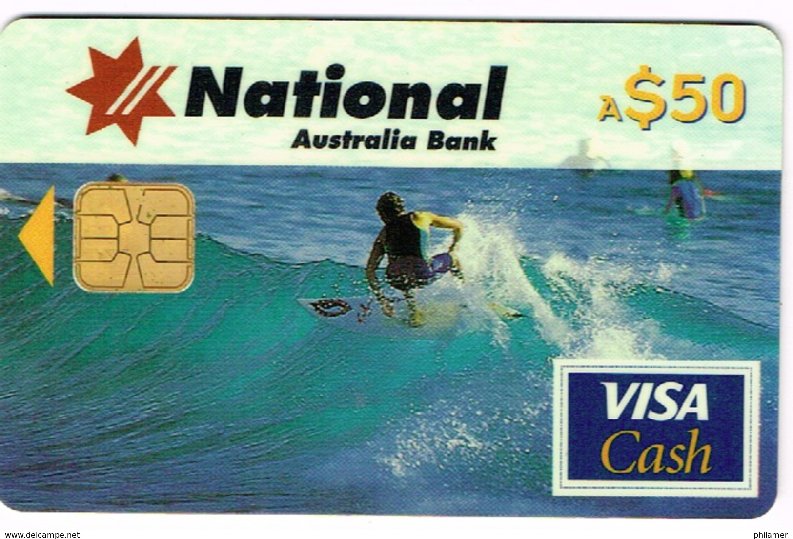 Australie Telecarte Et Carte Credit 50 $ National Australia Bank Cash Card Visa Essai Goldcoast Surf TBE - Non Classés