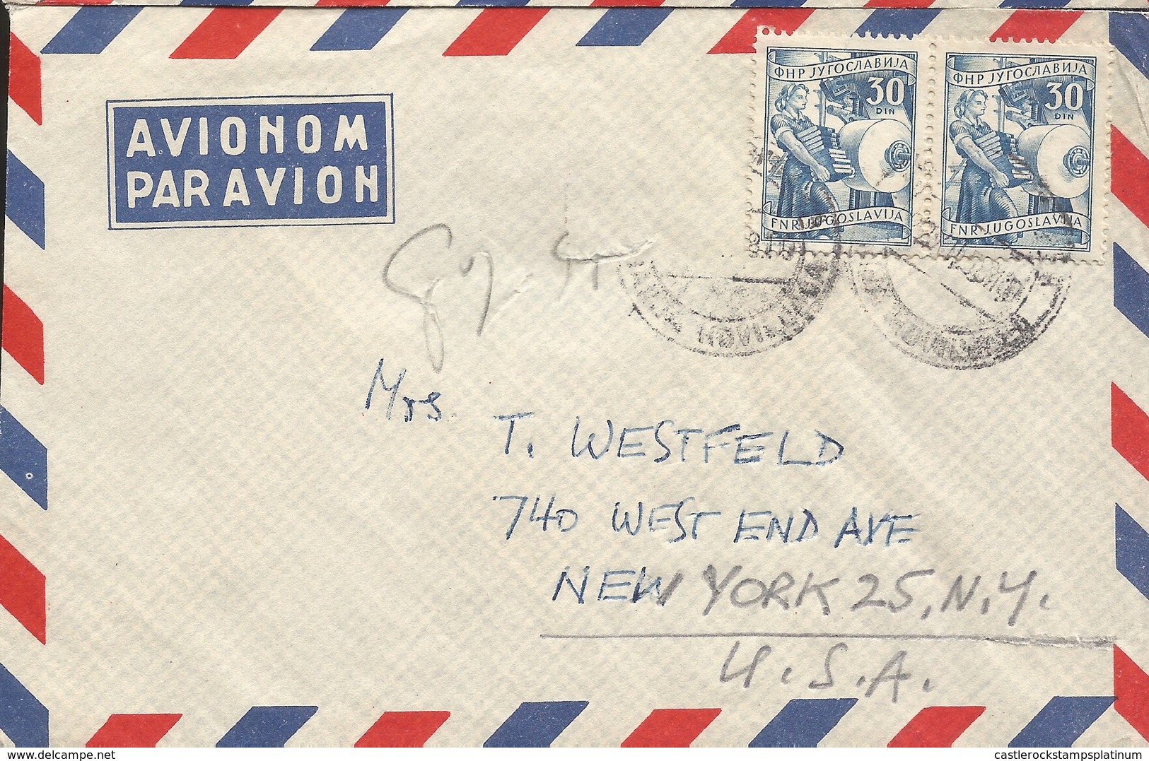 L) 1953 YUGOSLAVIA, OCCUPATIONS, WOMAN, PAPER, BOOKS, BLUE, 30 DIN, AIRMAIL, CIRCULATED COVER FROM YUGOSLAVIA TO USA - Covers & Documents