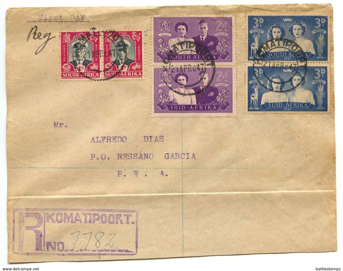 South Africa 1947 Registered Cover Komatipoort To Ressano Garcia, P.E.A., Scott 103-105 - Covers & Documents