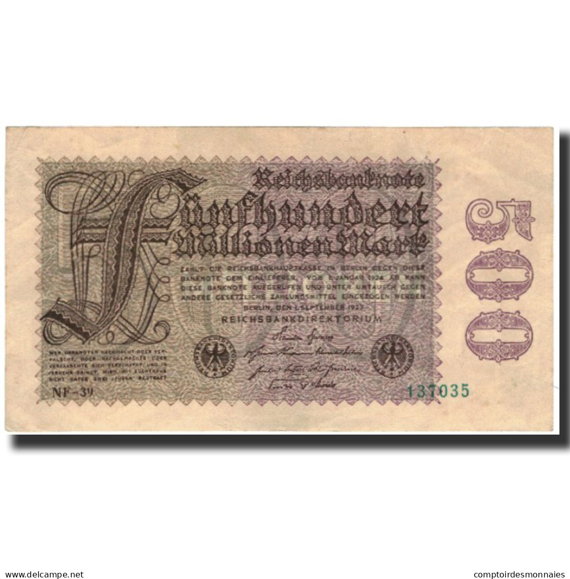 Billet, Allemagne, 500 Millionen Mark, 1923-09-01, KM:110f, SUP - 500 Mark