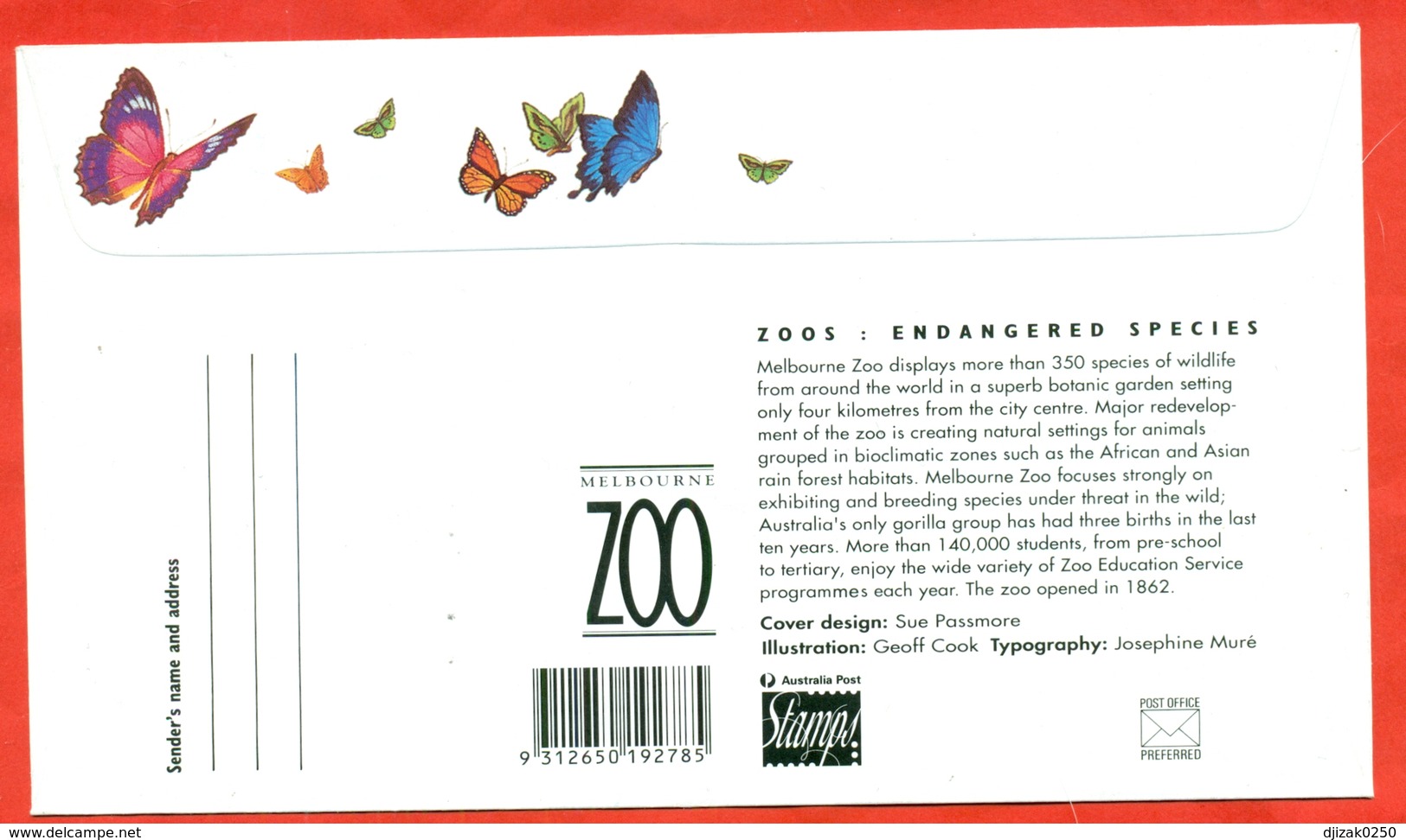 Australia 1994.Melburne Zoo. Butterflies. Envelope With Printed Original Stamps. - Covers & Documents