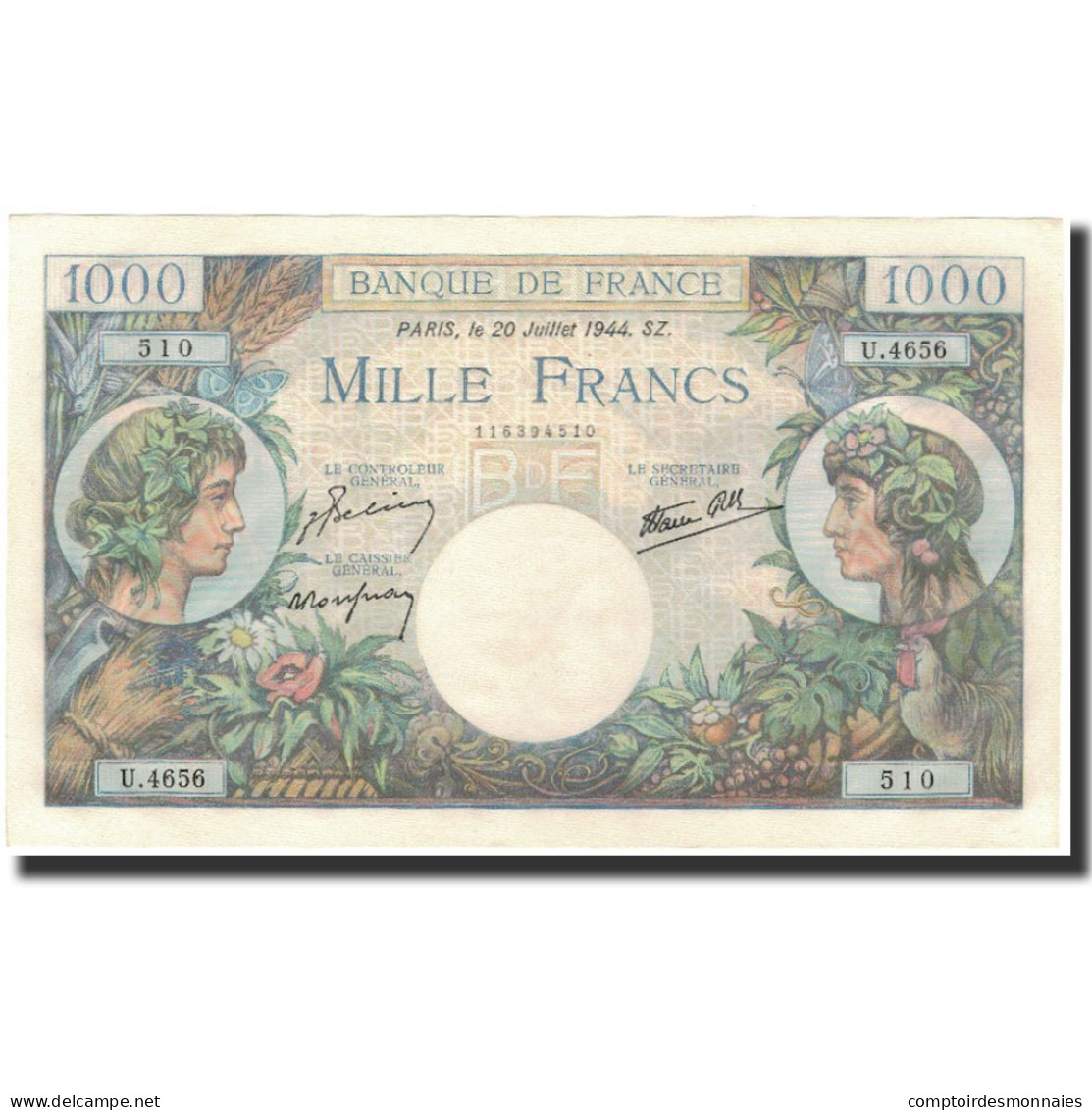 France, 1000 Francs, 1 000 F 1940-1944 ''Commerce Et Industrie'', 1944-07-20 - 1 000 F 1940-1944 ''Commerce Et Industrie''
