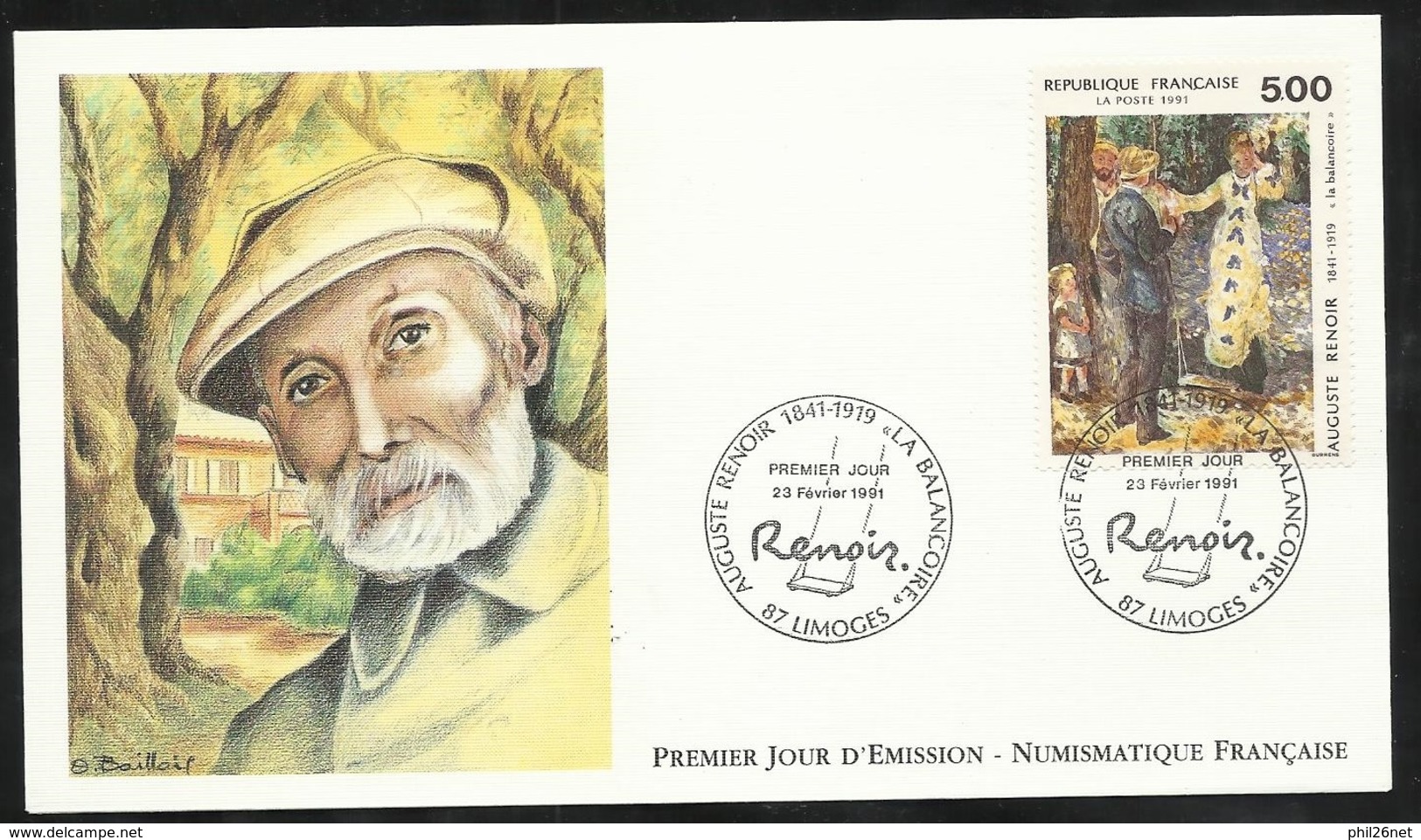 FDC Lettre Illustrée Premier Jour  Limoges  Le 23/02/1991 N° 2692 Auguste Renoir "La Balançoire"   TB  - 1990-1999