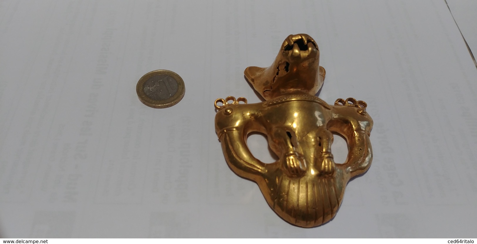 TAIRONA CULTURE, ZOOMORPHIC FIGURE, PRECOLOMBIAN, LOST WAX, TUMBAGA, GOLD PLATED, SIERRA NEVADA, COLOMBIA, UNIQUE, 73 g.