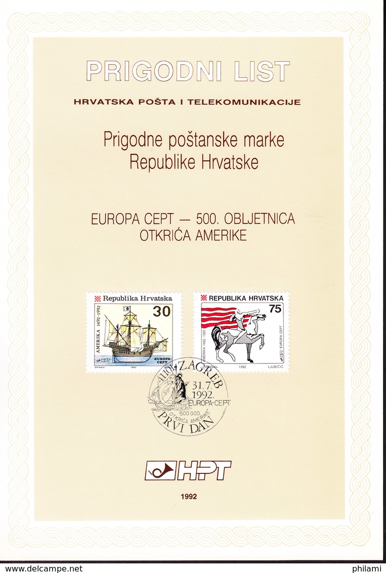 CROATIE, FIRST DAY SHEET, ETB, YT 169/70, EUROPA CEPT 1992. (8B123) - Croatie