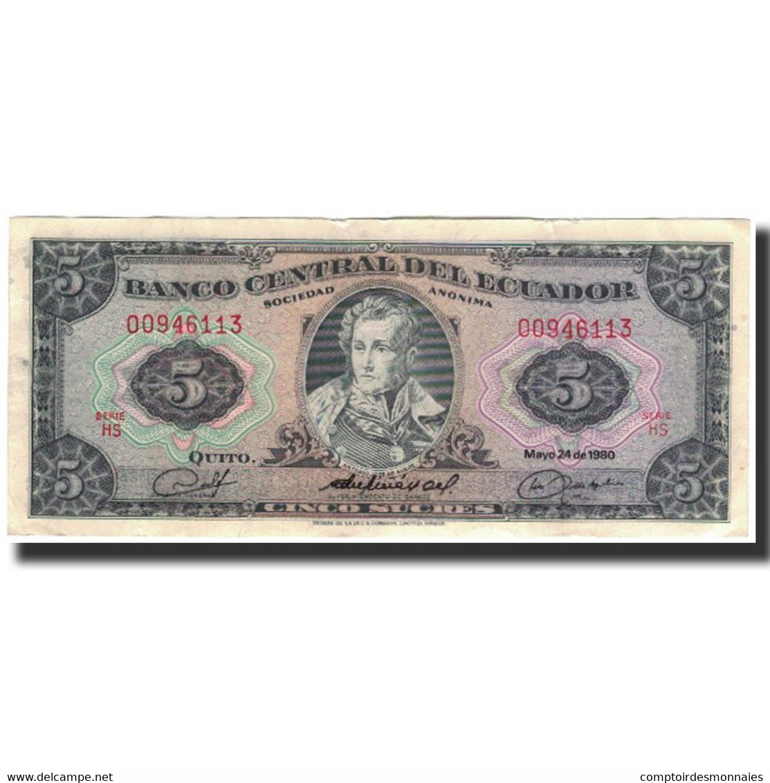 Billet, Équateur, 5 Sucres, 1980-05-24, KM:113c, TTB - Ecuador