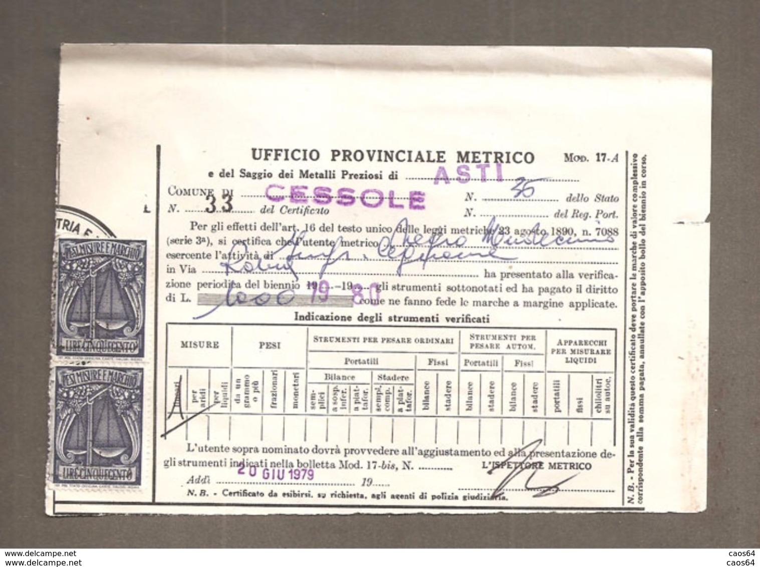 MARCA DA BOLLO PESI MISURE  Lire 500 Su Documento COMUNE CESSOLE ASTI 1979 - Fiscali