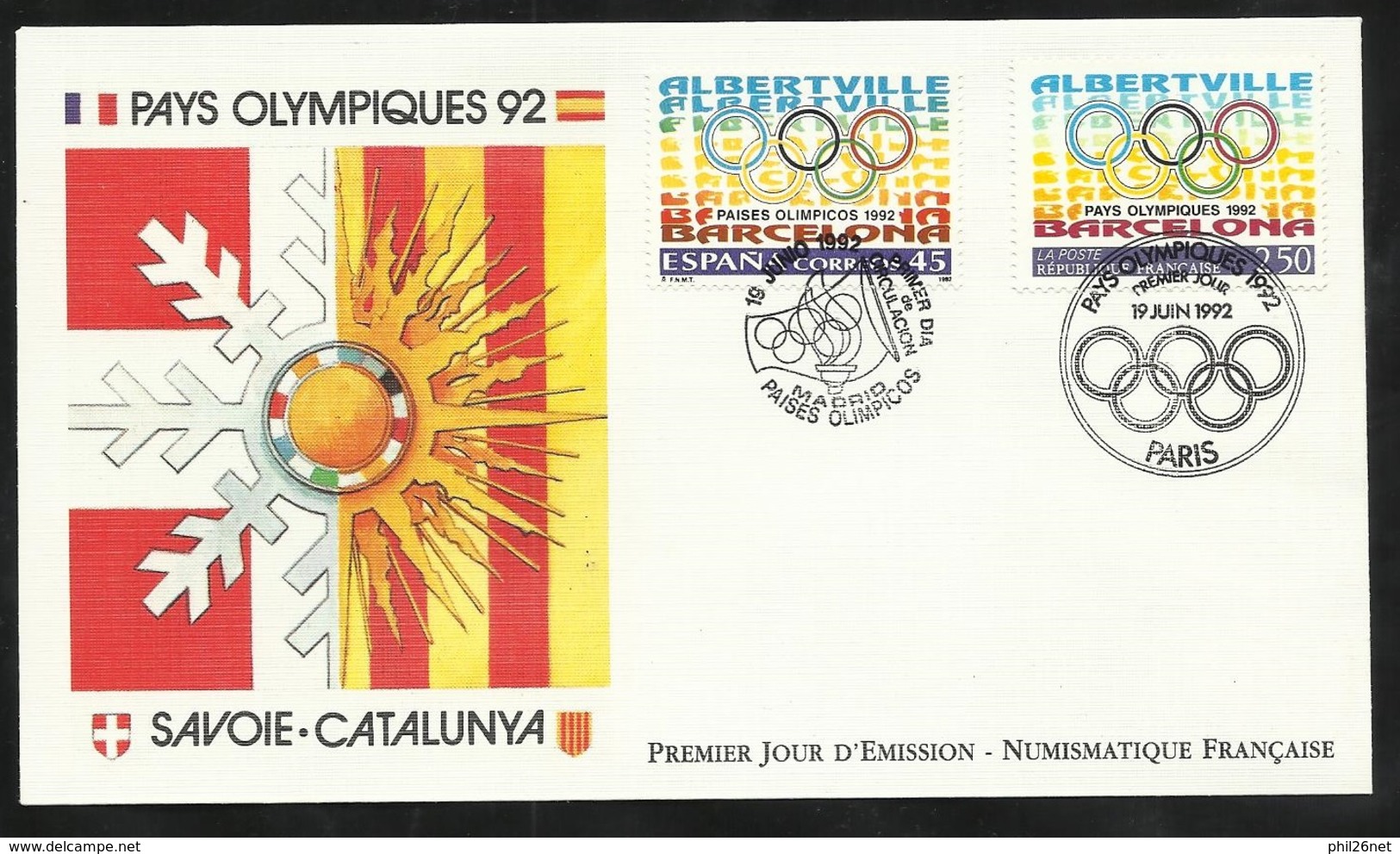 FDC Lettre Illustrée Premier Jour Paris Et Madrid Le 19/06/1992 N° 2760 Et Espagne N°2808 J.O. Barcelone  TB  - Emissions Communes