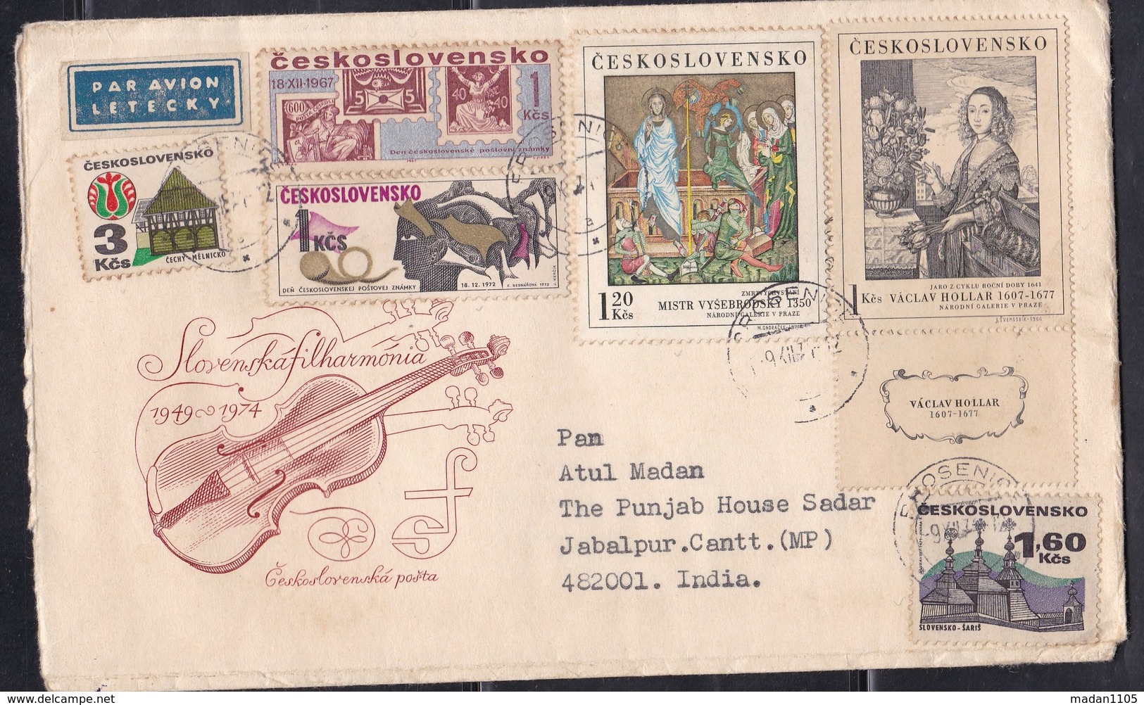 CZECHOSLOVAKIA, 1977,  Airmail  Cover  To India With 10 Stamps Including 1966 Rare Painting Stamp Vaclac Hollar,  #320 - Briefe