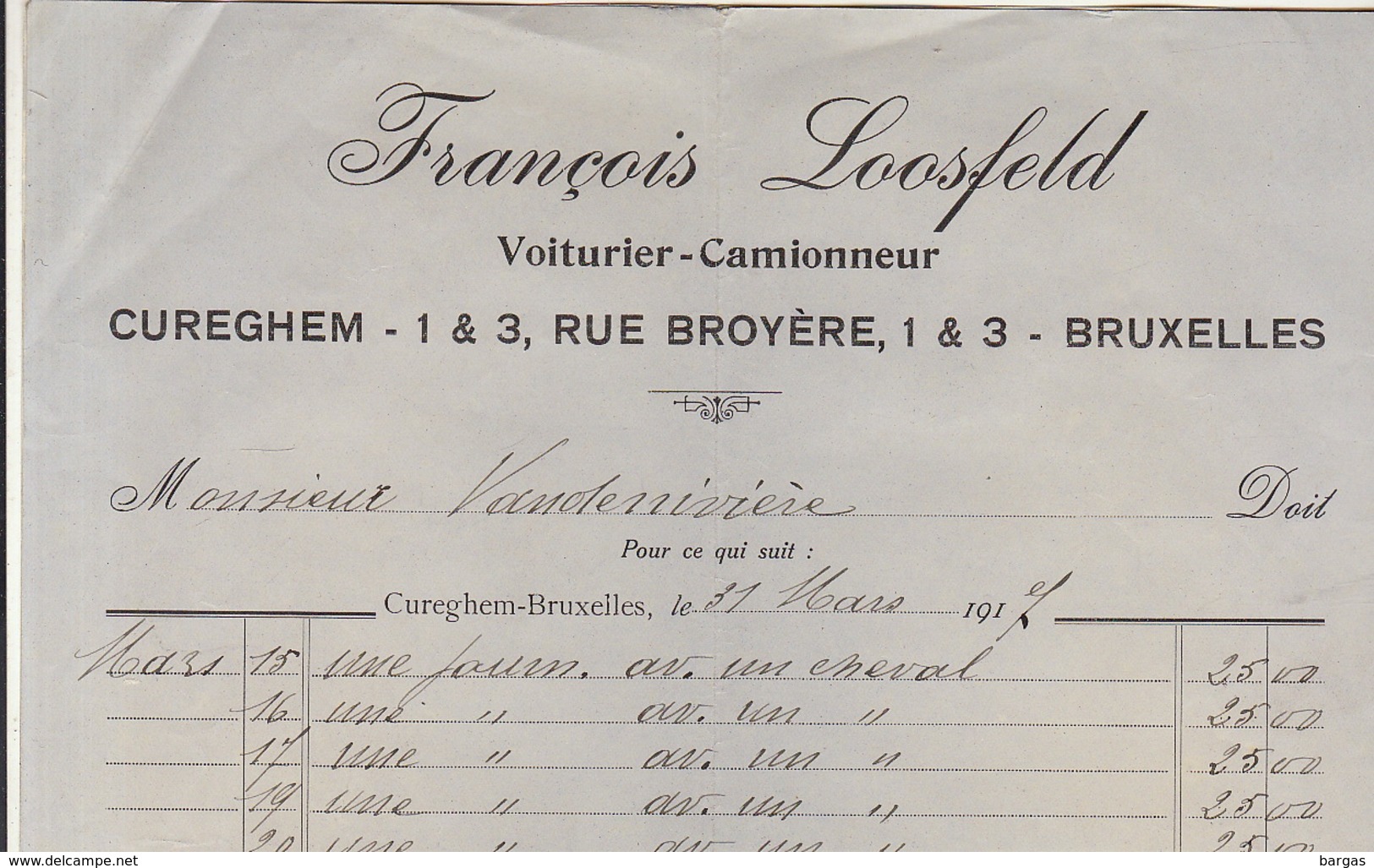 Document 1917 Loosfeld Cureghem Bruxelles Voiturier Cammionneur - 1900 – 1949