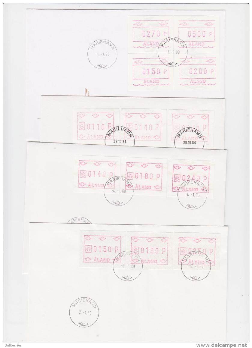 ATM FRAMA LABELS - ALAND  -  1984/1990 ATM 4 SETS ON 4 ILLUSTRATED FDCS - Machine Labels [ATM]