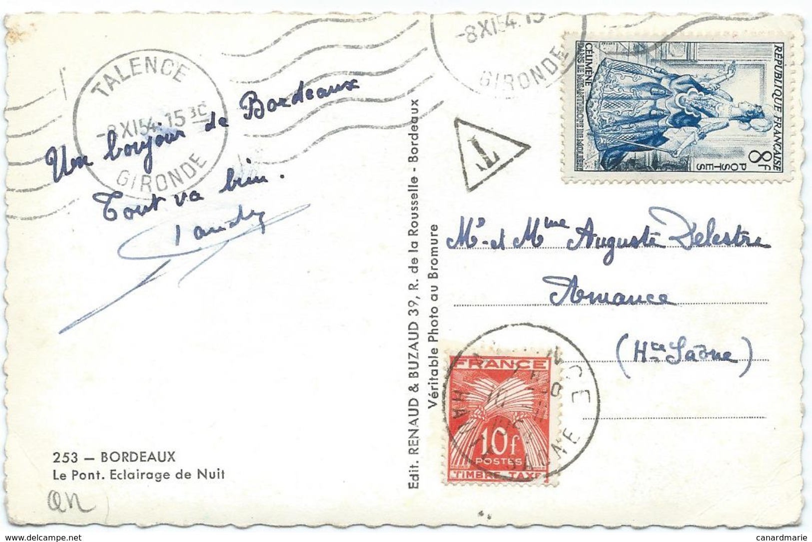 CARTE POSTALE 1954 AVEC 1 TIMBRE TAXE - 1859-1959 Briefe & Dokumente