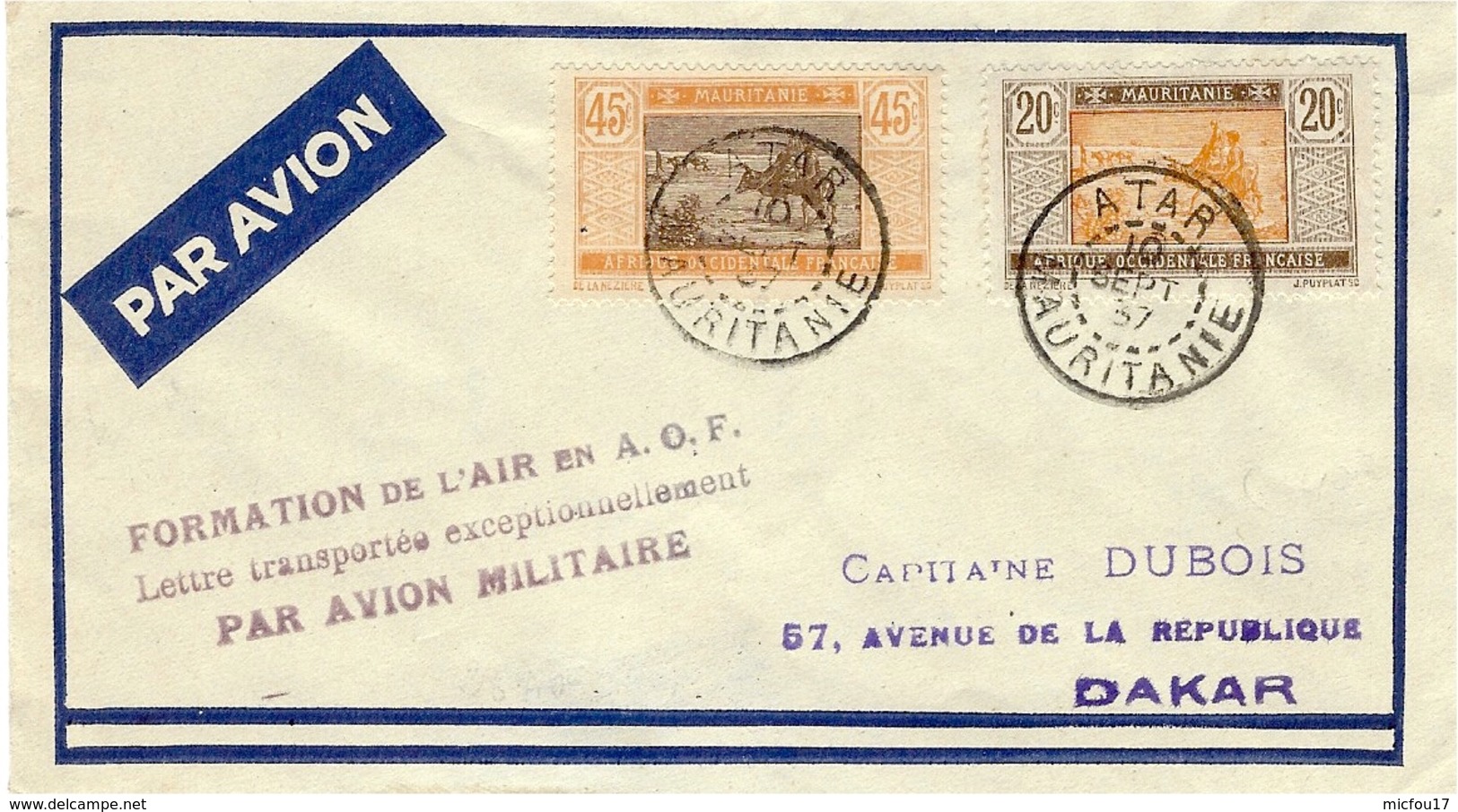 10-9-1937 -env. Affr. 65 C D'ATAR  " Formation De L'air En A.O.F/ Lettre Transportée Except./Par Avion  Militaire " - Lettres & Documents