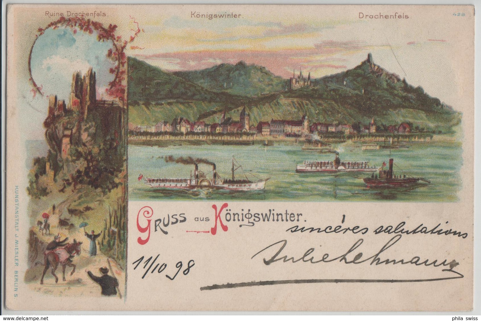 Gruss Aus Köniswinter - Ruine Drachenfels, Dampfer - Litho Lithographie J. Miesler - Koenigswinter