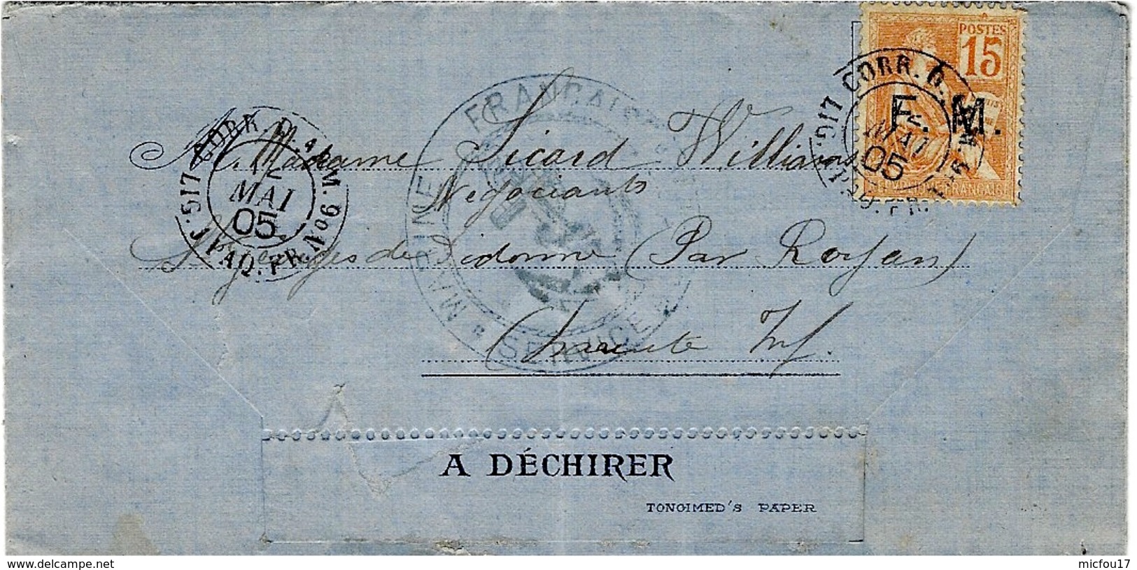 1905- Lettre D'un Marin à Buenos Aires à Bord Du "Dupleix " Affr. F M N°1 Oblit. CORR.D'ARM. LIGNE J PAQ.FR.N°6 - Poste Maritime