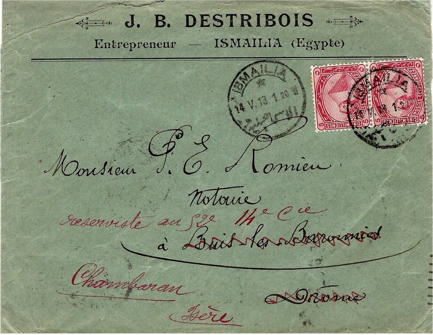 1913- Enveloppe à En-tête  D'ISMAILIA ( Egypte ) Affr. 5 Mill. En Paire  Pour La France - 1866-1914 Khedivate Of Egypt