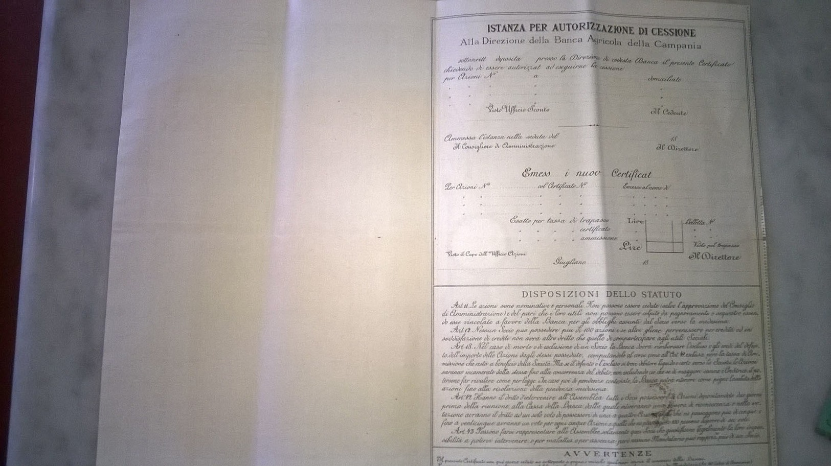 RARO CERTIFICATO AZIONARIO 1889 BANCA AGRICOLA DELLA CAMPANIA - GIUGLIANO DI NAPOLI CON RICEVUTA DI PAGAMENTO E CEDOLE - Bank & Insurance