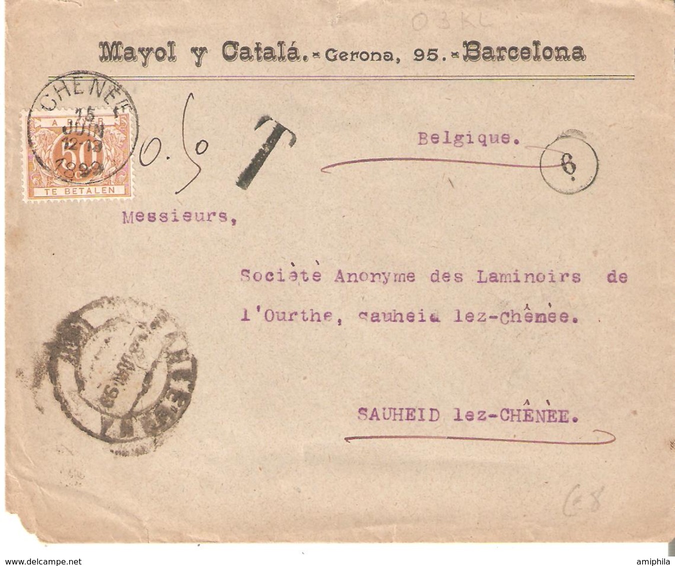 L. Non Affr.de BARCELONE TTx. 8 CHENEE 15/6/1899. Dos Ambt. QUIEVRAIN-BRUXELLES Côte COB 100€ - Briefe U. Dokumente