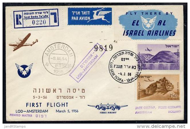 8958 (airplanes, Aviation) Israel 1956 El-Al Reg First Flight Cover To Amsterdam Bearing Air Stamps With Various Hand - Aerei