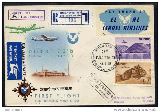 8968 (airplanes, Aviation) Israel 1956 El-Al Israel Airlines Reg First Flight Illustrated Cover To Brussels Bearing Air - Aerei