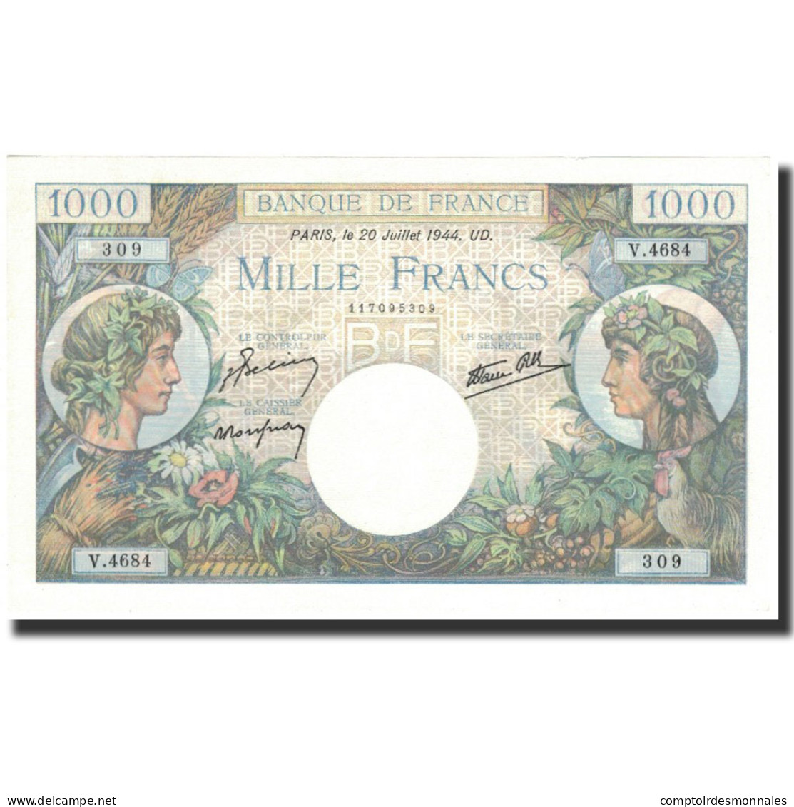 France, 1000 Francs, 1 000 F 1940-1944 ''Commerce Et Industrie'', 1944-07-20 - 1 000 F 1942-1943 ''Déesse Déméter''