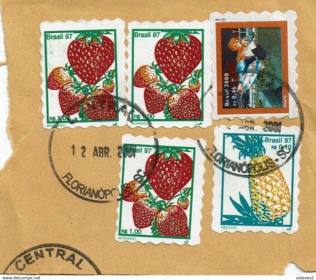 Brazil , Bresil , Brasil , 1997 , 2000 , Fruits  ,  Abacaxi , Papaia , Skate , Florianapolis Postmark - Skateboard