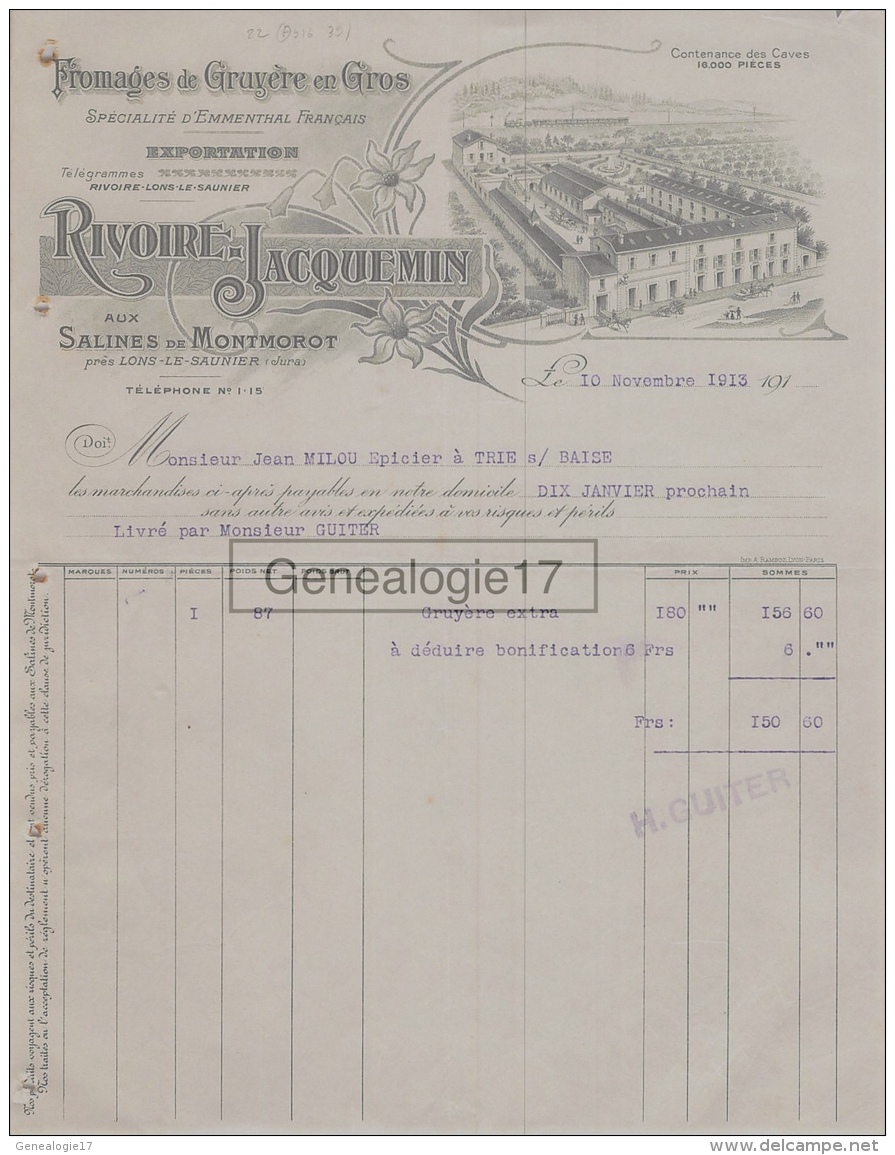 39 674 LONS LE SAUNIER AUX SALINES DE MONTMOROT JURA 1913 Fromages De Gruyere RIVOIRE - JACQUEMIN ( Emmenthal ) - 1900 – 1949