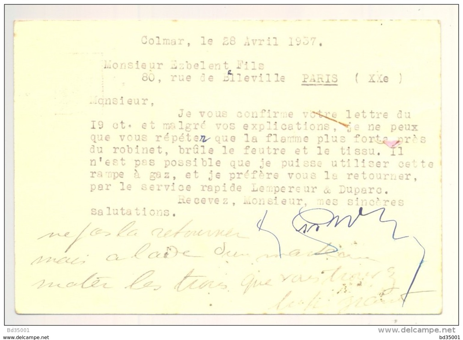 Carte Postale - Entier Postal - Type Paix 40c - 1937 - Colmar Gare - Tampon Maison A. ESSNER - Postales Tipos Y (antes De 1995)