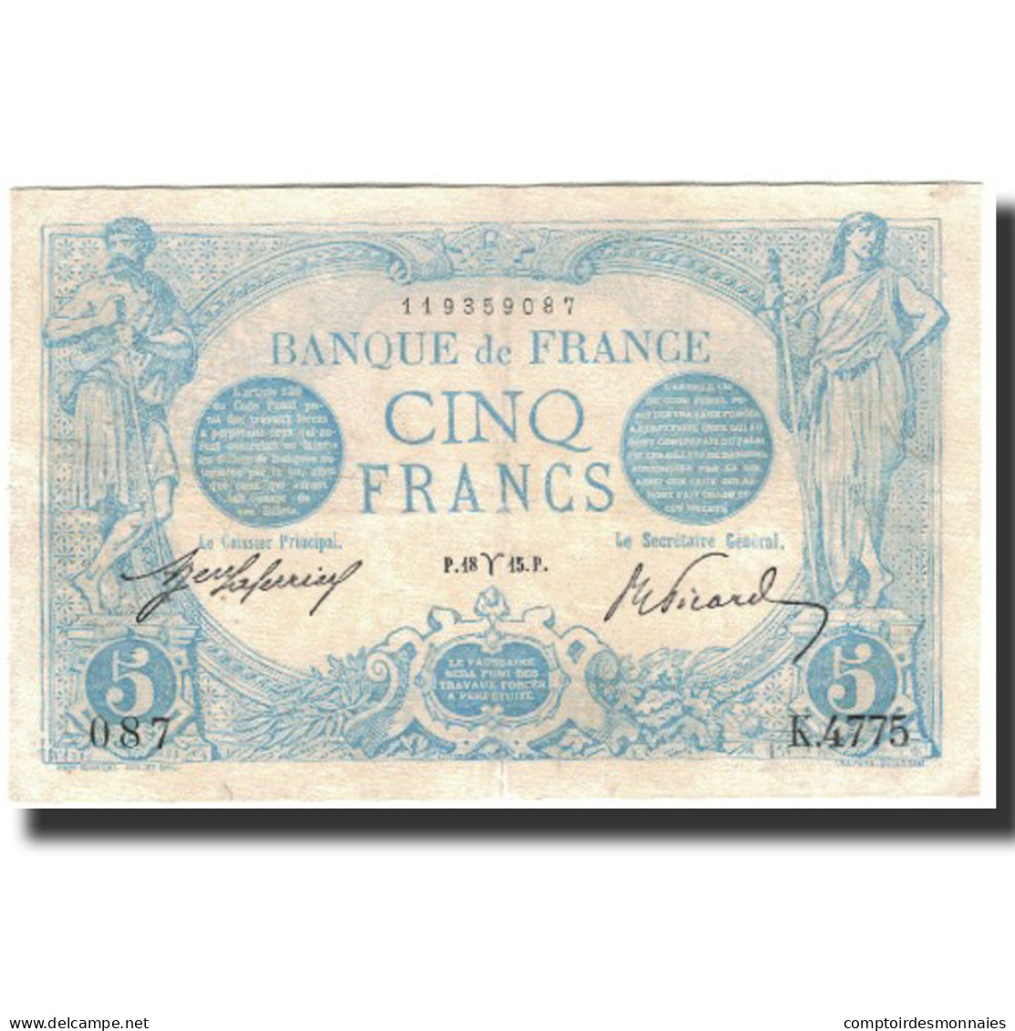France, 5 Francs, 5 F 1912-1917 ''Bleu'', 1915-03-18, SUP, Fayette:2.25, KM:70 - 5 F 1912-1917 ''Bleu''