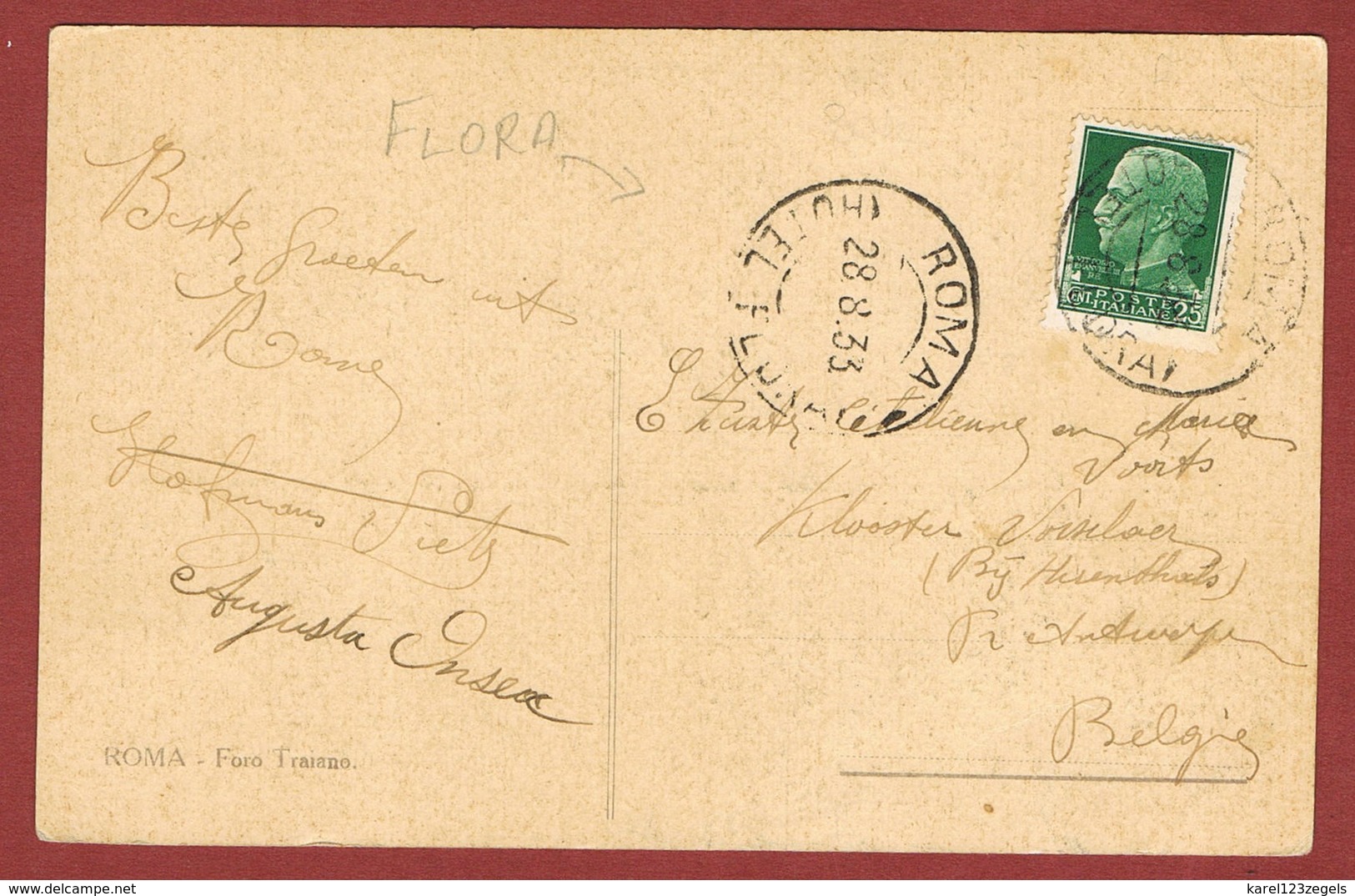 Kaart Stempel Hotel  Flora Roma 28.8.1933 - Storia Postale