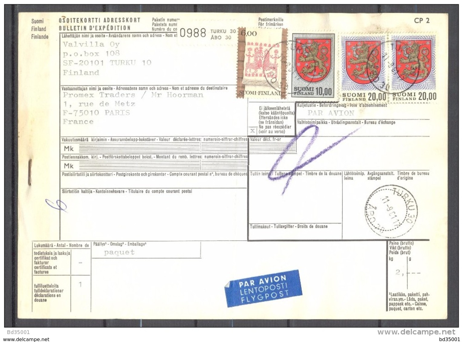 Bulletin D'Expédition - Finlande / Finland - Turku Vers Paris -  11/09/1981 - Parcel Post