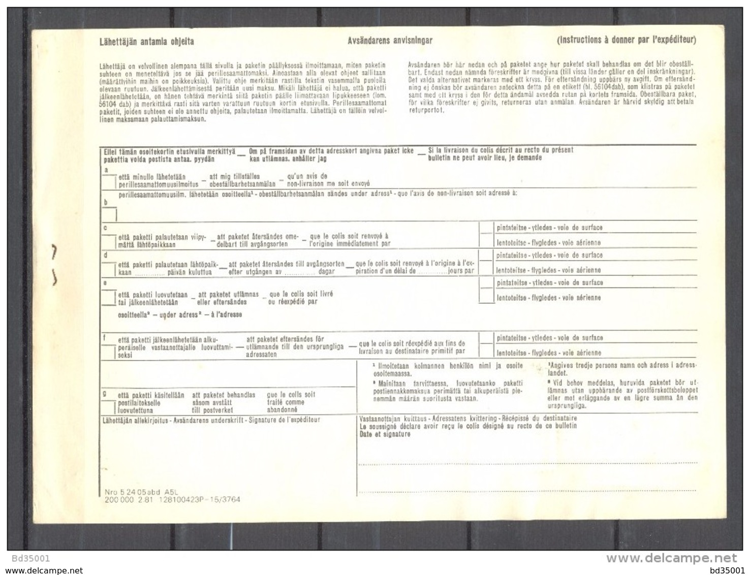 Bulletin D'Expédition - Finlande / Finland - Turku Vers Paris -  11/09/1981 - Paketmarken