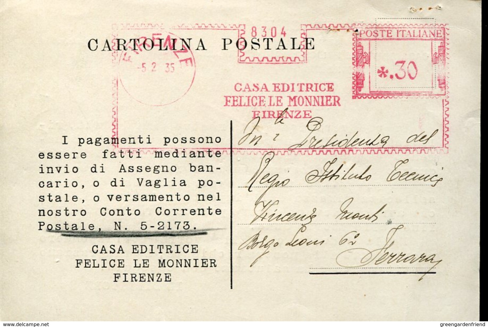 34923 Italia, Red Meter/freistempel/ema/1935 Firenze Casa Editrice Felice Le Monnier , Circuled Card - Franking Machines (EMA)