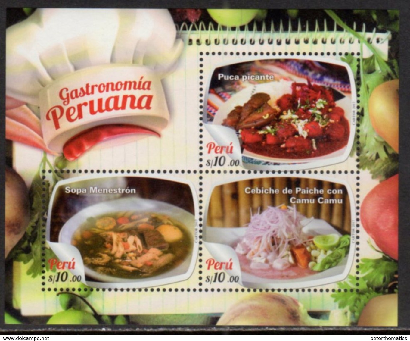 PERU, 2017, MNH, PERUVIAN GASTRONOMY, CEBICHE, SEAFOOD, SOUPS,  SHEETLET - Food