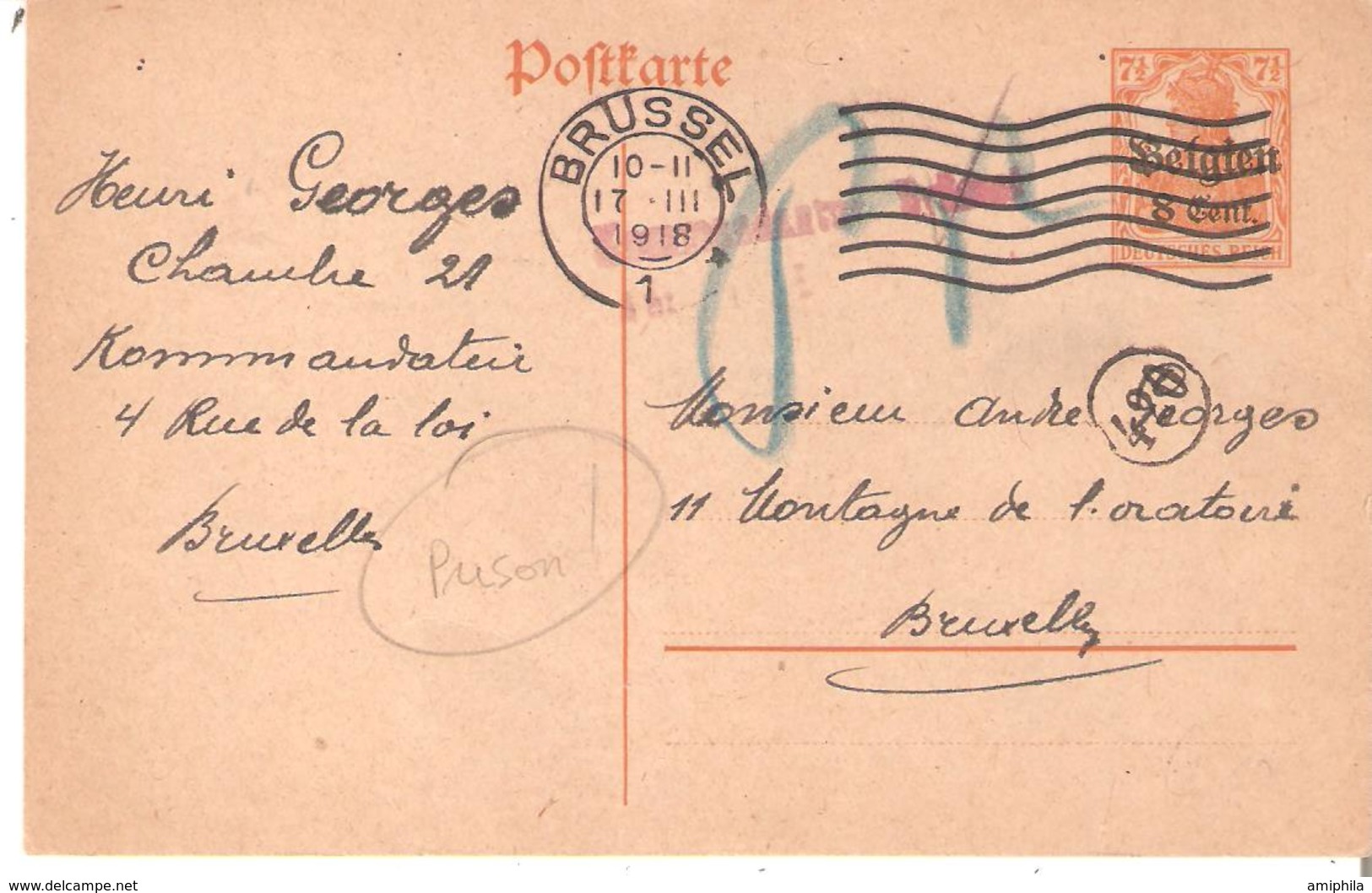EP. Occ. 10 BRUSSEL 1 Du 17/3/1918 De La Prison Kdtur Rue De La Loi V/BXL - Censure Gffe Rouge Et Paraphe - OC1/25 Generalgouvernement 
