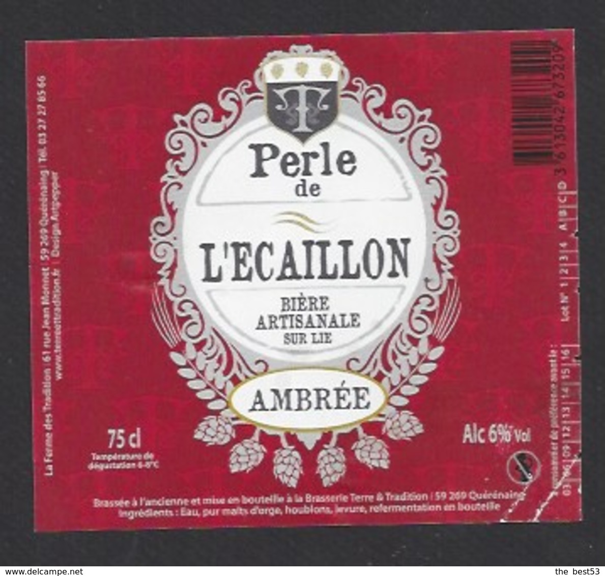 Etiquette De Bière Ambrée  - Perle De L'Ecaillon    -  Brasserie Terre Et  Tradition  à  Quérénaing  (59) - Bière