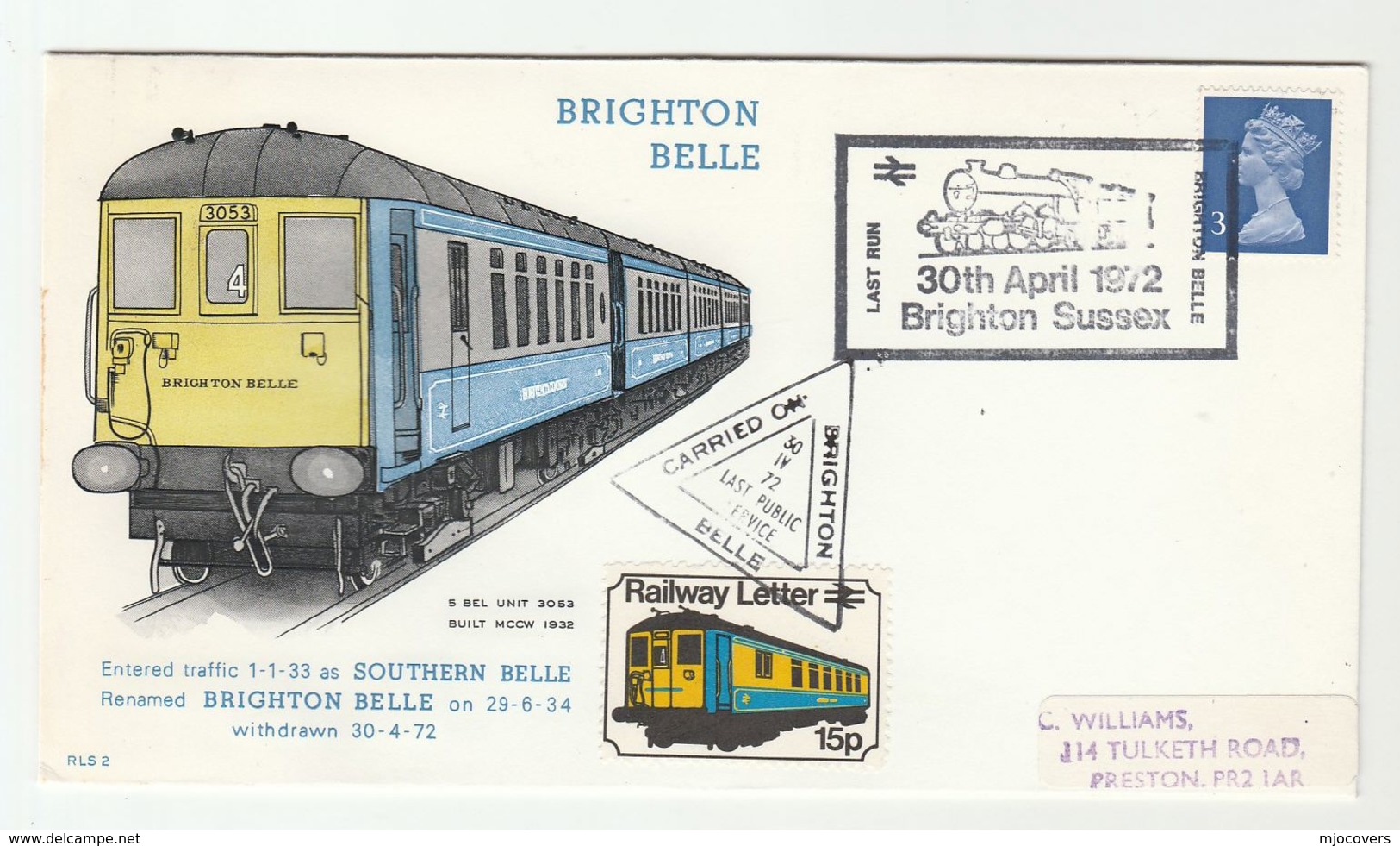 1972 BRIGHTON BELL  Carried LAST TRAIN Cover Railway Letter Stamps Label Gb - Trains