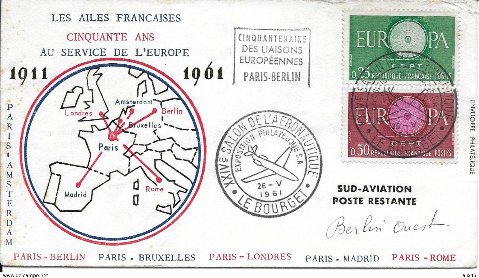 1266-1267 - 50 ANS AU SERVICE DE L'EUROPE - 1911/1961 -PARIS-BERLIN OUEST 26-5-64  Salon De L'aéronautique 93 LE BOURGET - 1960-.... Lettres & Documents