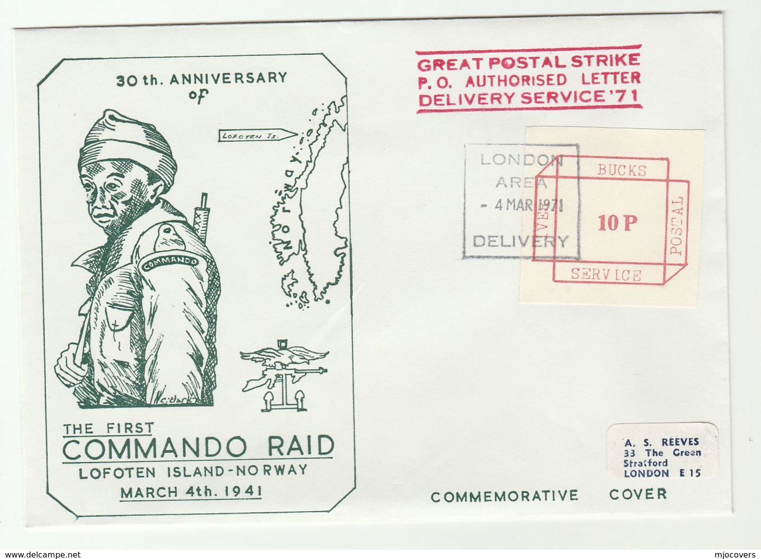 1971 GB Postal STRIKE COVER 1941 NOWAY COMMANDO RAID Anniv IVER BUCKS POSTAL SERVICE LABEL London Wwii Great Britain - WW2