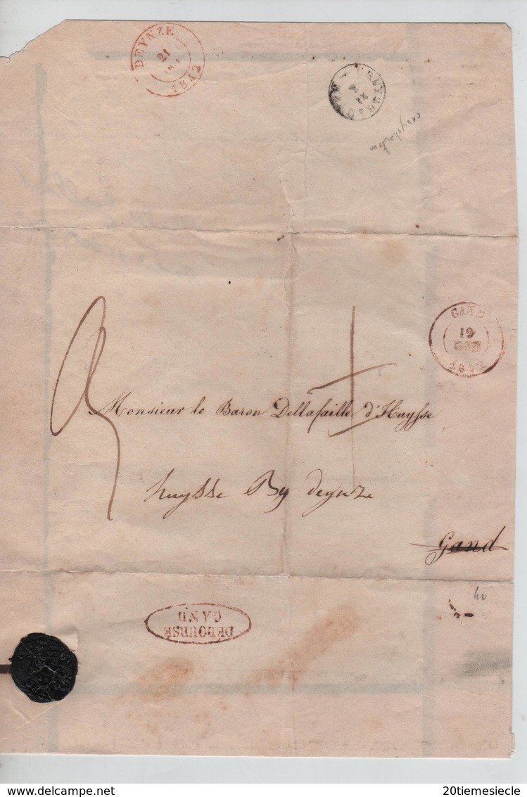LSC C.Gand 1842 Taxée 3 + C.Déboursé Gand V.Deynze  C.d'arrivée Pas Courant AP2079 - 1830-1849 (Unabhängiges Belgien)