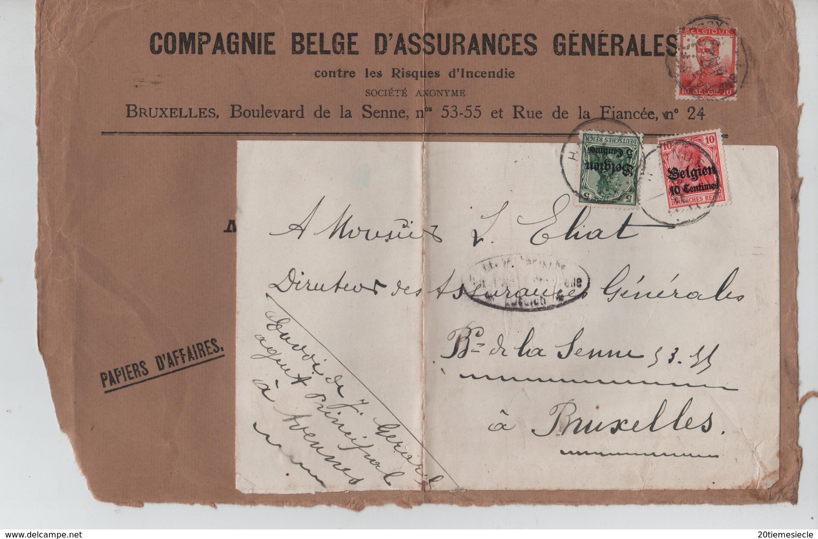 Guerre-Oorlog 14-18 Devant De Lettre Utilisée 2 Fois(TP 111 Perforé V.Avennes Puis TP Oc 2-3 C.Hannut  V.BXL Censure - OC1/25 Gouvernement Général