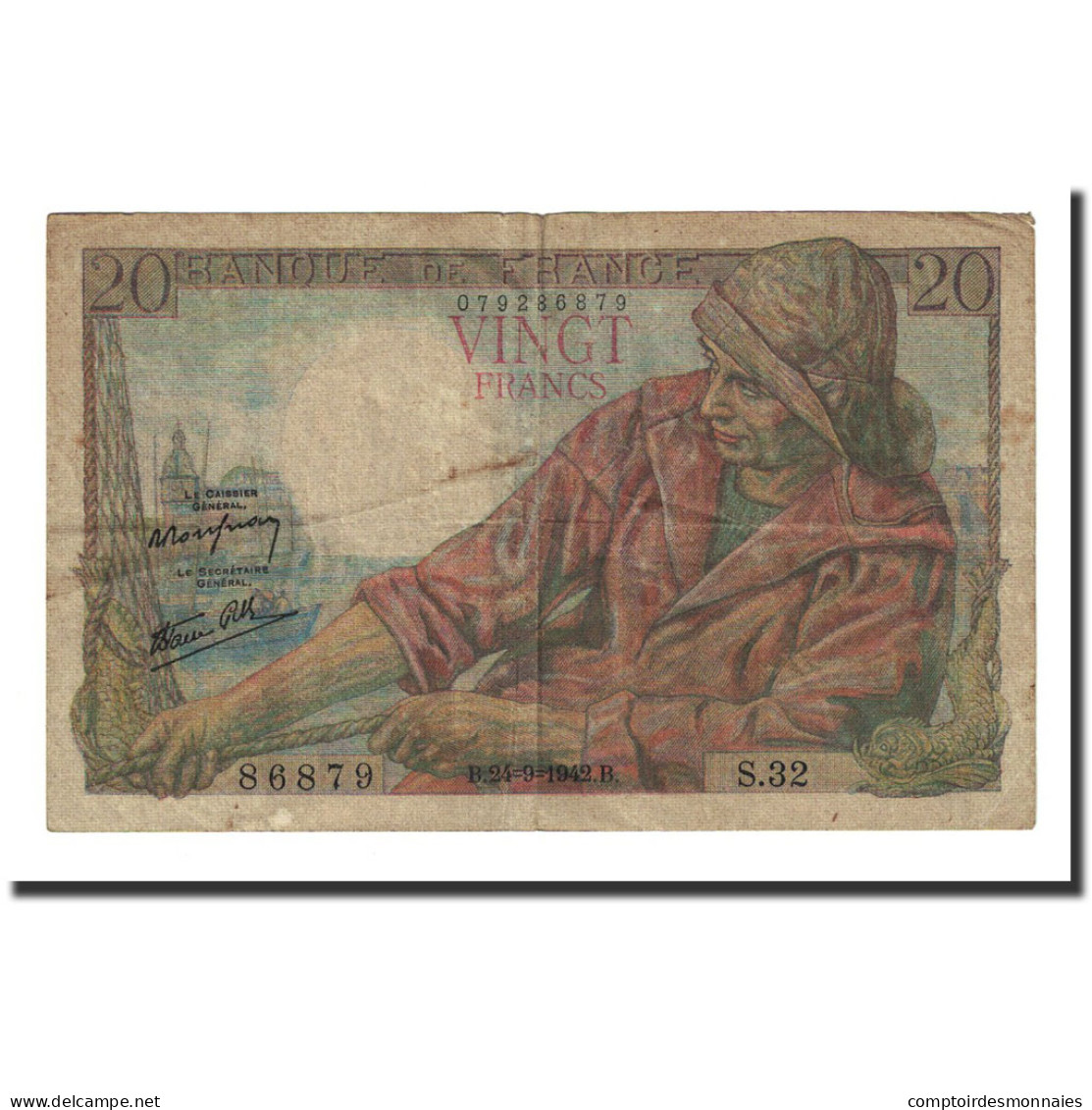 France, 20 Francs, 1942-09-24, TB+, Fayette:13.3, KM:100a - 20 F 1942-1950 ''Pêcheur''