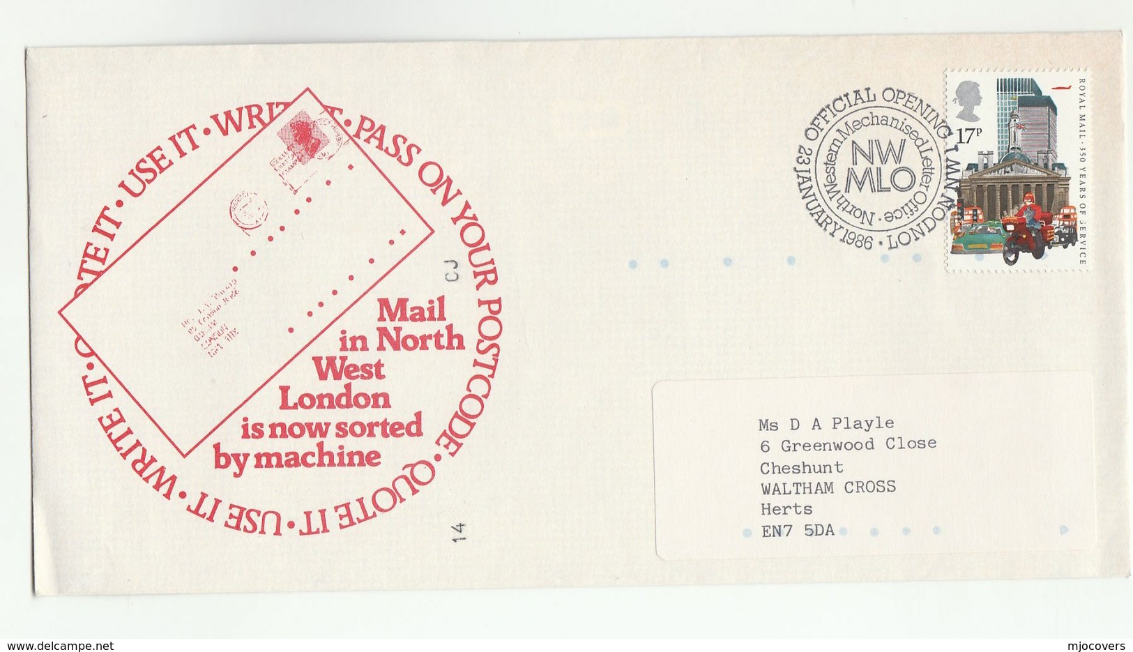 1986 GB North Western MECHANISED LETTER OFFICE OFFICIAL OPENING Event COVER London Motorcycle Stamp Motorbike Post Code - Post