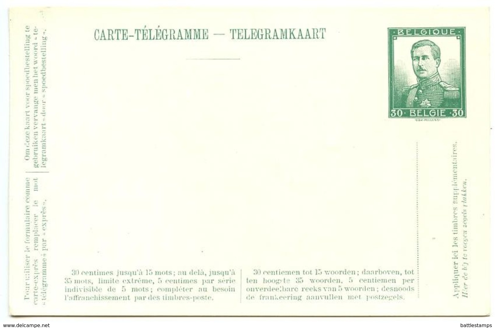 Belgium Early 20th C. Mint 30c. King Albert I Telegram Postal Card - Telegrams